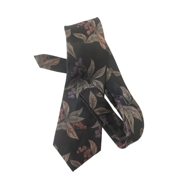 Don Loper Beverly Hills 80s Jacquard Tie Botanical Gold Leaf Pattern Black 4"W - Picture 4 of 9